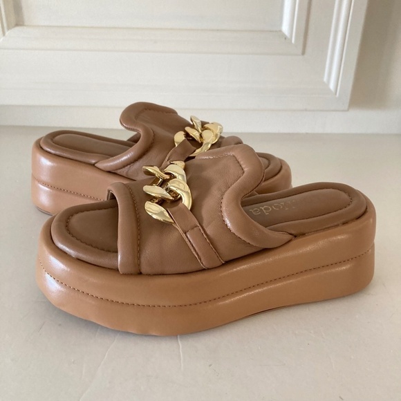 Alba Moda Anthropologie Brown Leather Gold Hardware Platform Slide Sandals Sz 36 - Picture 2 of 6